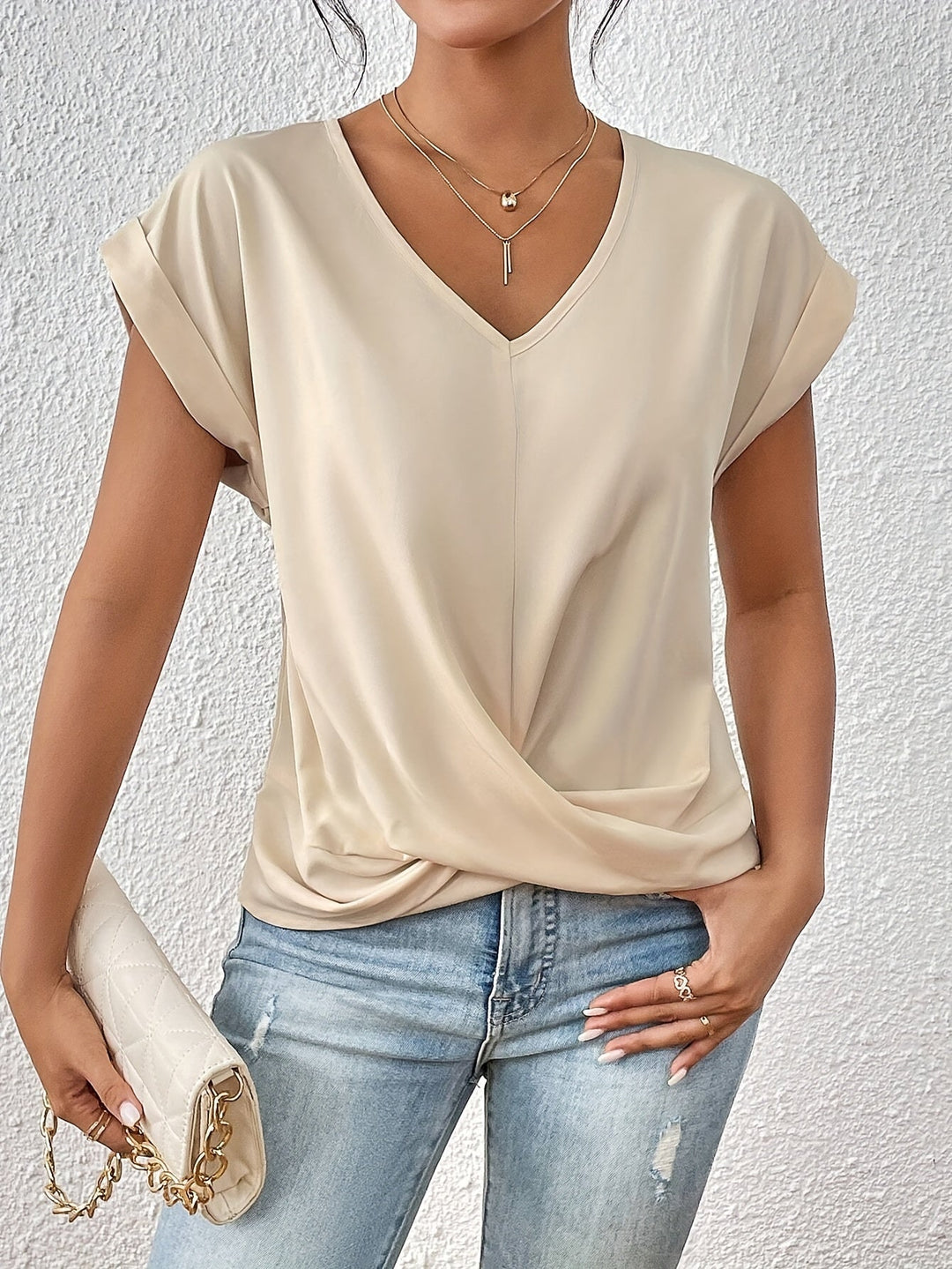 Bluzka damska z dekoltem V na co dzień | Elegancka koszulka basic | Lena