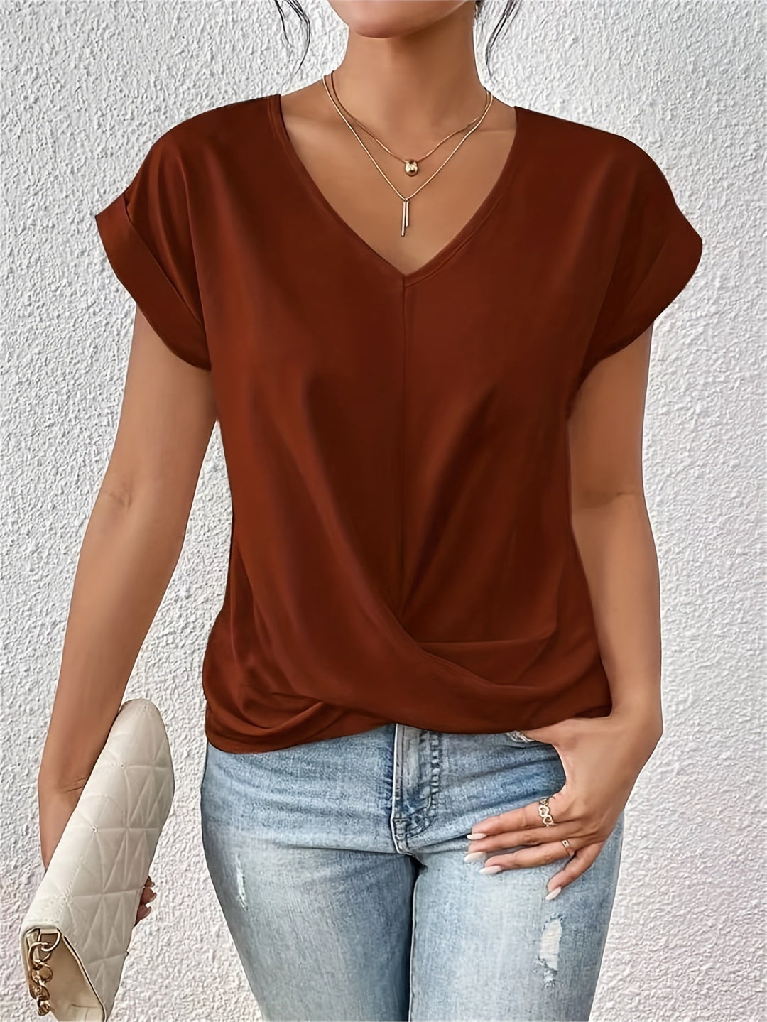 Bluzka damska z dekoltem V na co dzień | Elegancka koszulka basic | Lena