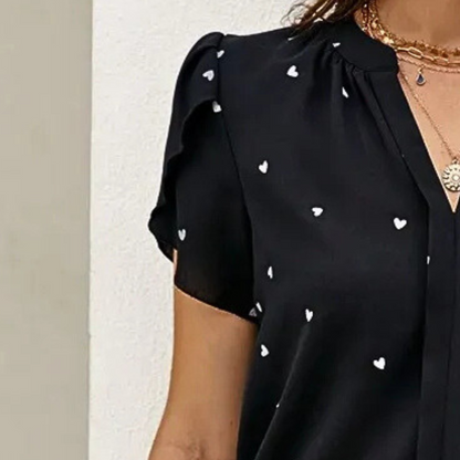Bluzka damska z serduszkami | Odzież damska lato krótki rękaw elegancka | Izabela