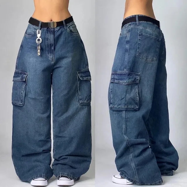 Jeansy cargo szerokie | Odzież damska streetwear kieszenie Y2K | Daria