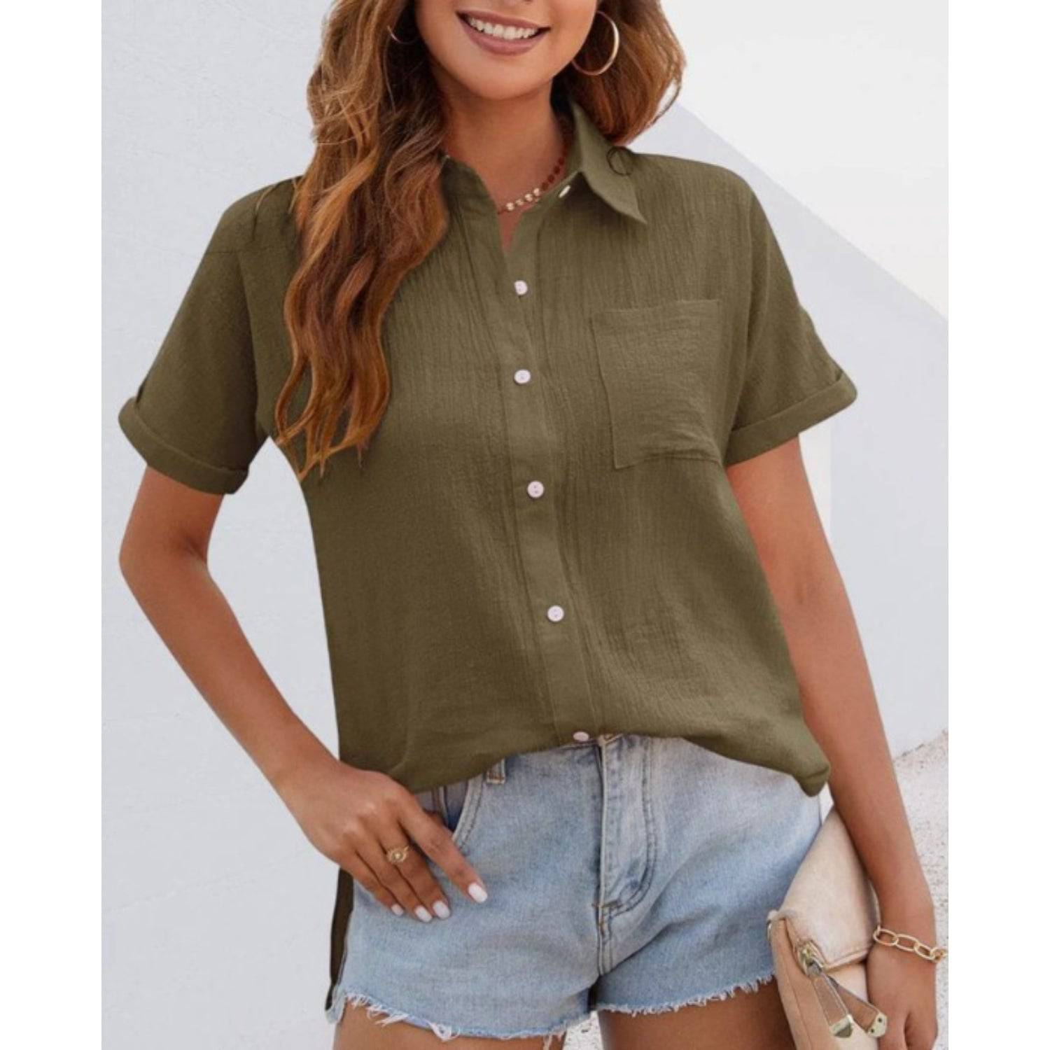 Koszula damska z krótkim rękawem | Styl casualowy z kieszonką | Cindy