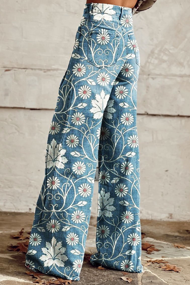 Spodnie jeansowe wzór kwiaty retro | Odzież letnia damska styl boho | Calista