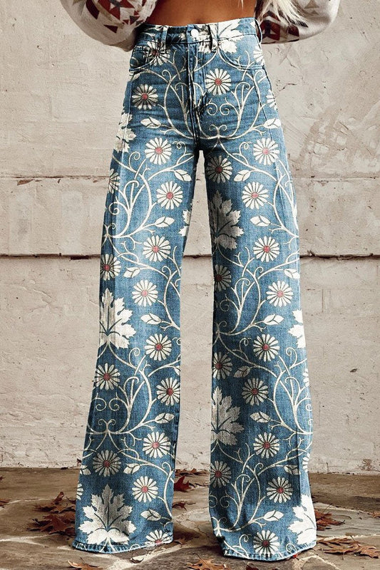 Spodnie jeansowe wzór kwiaty retro | Odzież letnia damska styl boho | Calista