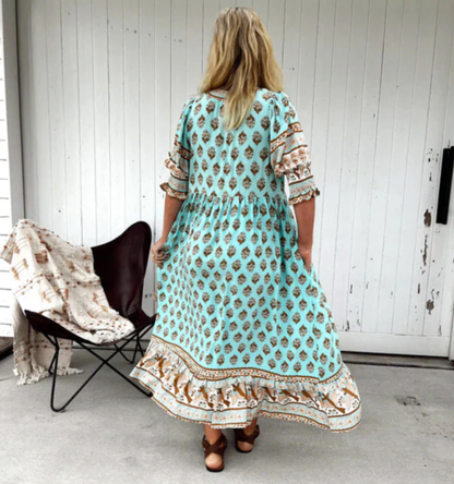 Sukienka damska boho z troczkami | Różowa sukienka maxi z rękawem 3/4 | Blair