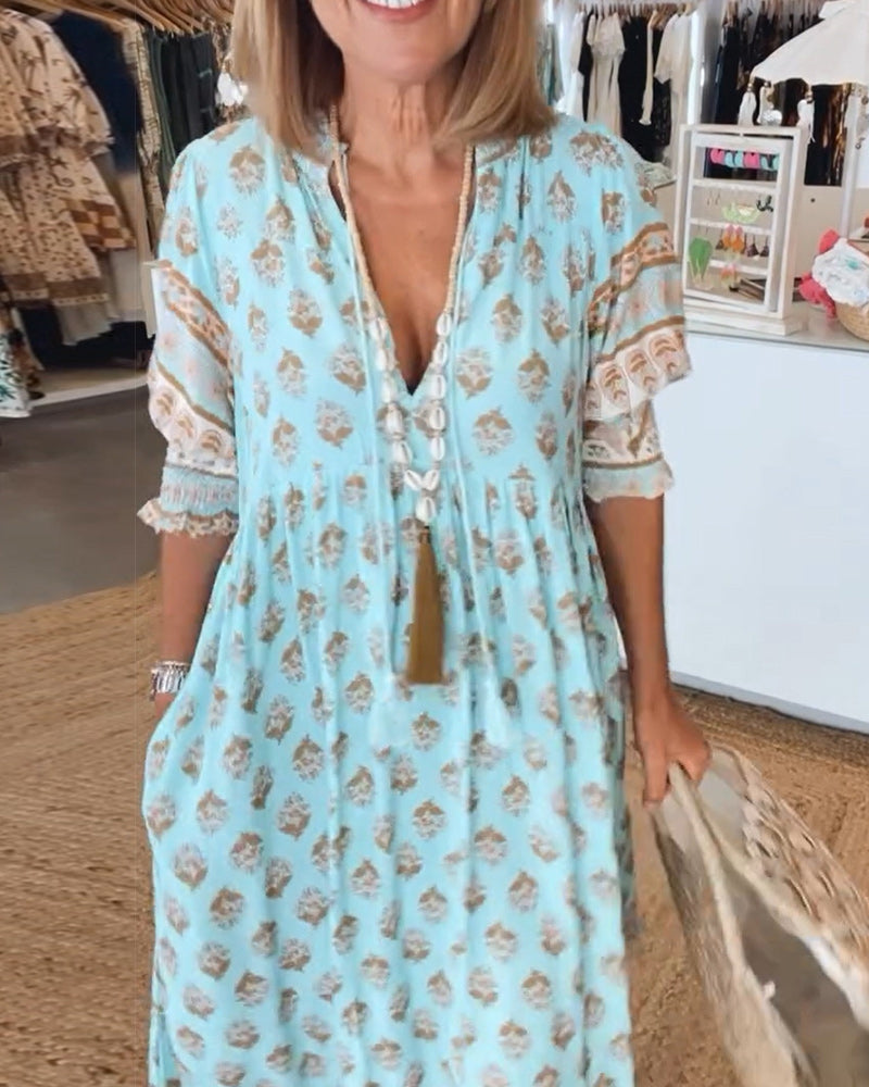Sukienka damska boho z troczkami | Różowa sukienka maxi z rękawem 3/4 | Blair