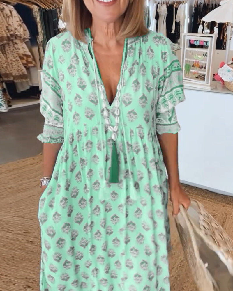 Sukienka damska boho z troczkami | Różowa sukienka maxi z rękawem 3/4 | Blair