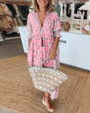 Sukienka damska boho z troczkami | Różowa sukienka maxi z rękawem 3/4 | Blair
