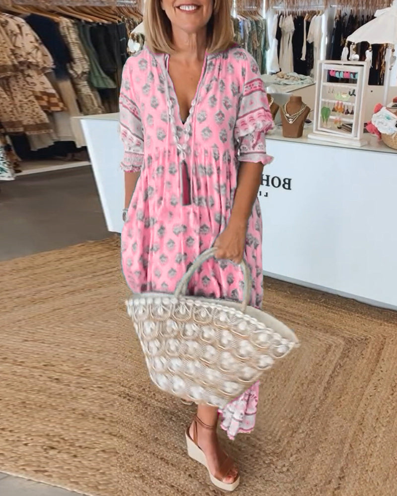 Sukienka damska boho z troczkami | Różowa sukienka maxi z rękawem 3/4 | Blair