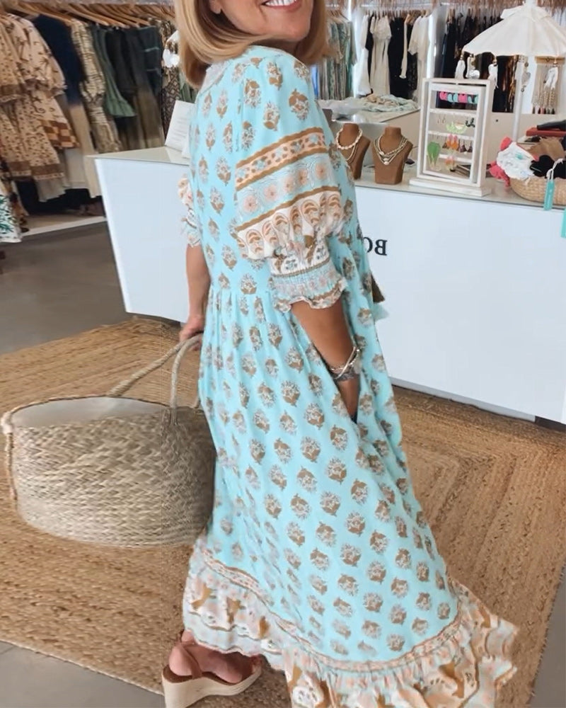 Sukienka damska | Sukienka maxi boho luźna rękaw 3/4 lato plażowa | Elżbieta