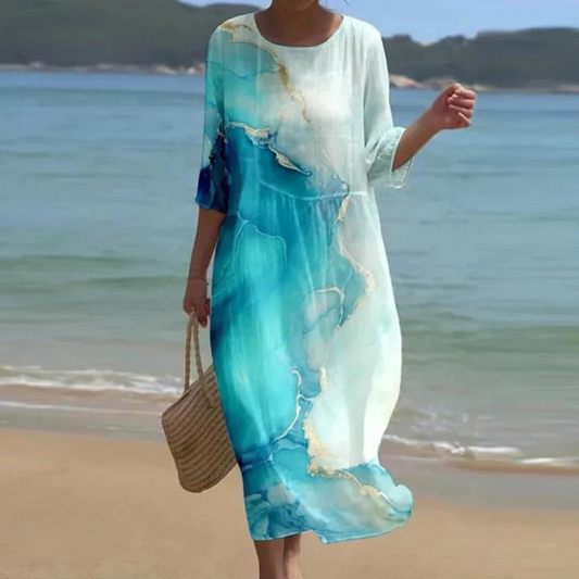 Sukienka damska | Sukienka maxi wzorzysta okrągły dekolt rękaw 3/4 lato plaża | Bevin