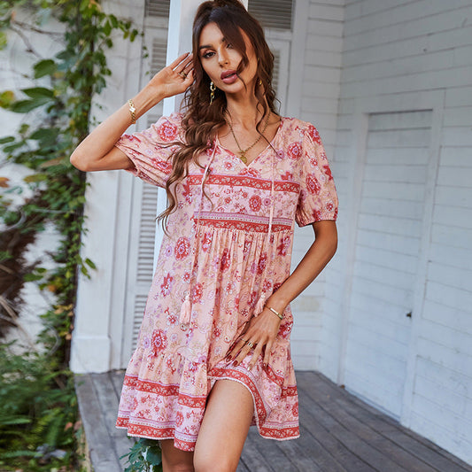 Sukienka Letnia Boho Mini z Krótkim Rękawem | Liliana