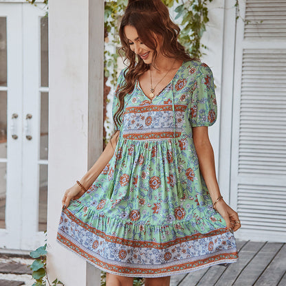 Sukienka Letnia Boho Mini z Krótkim Rękawem | Liliana