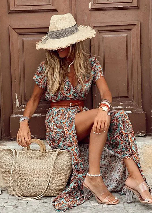 Sukienka maxi kopertowa | Odzież letnia damska kwiatowy styl boho | Liliana