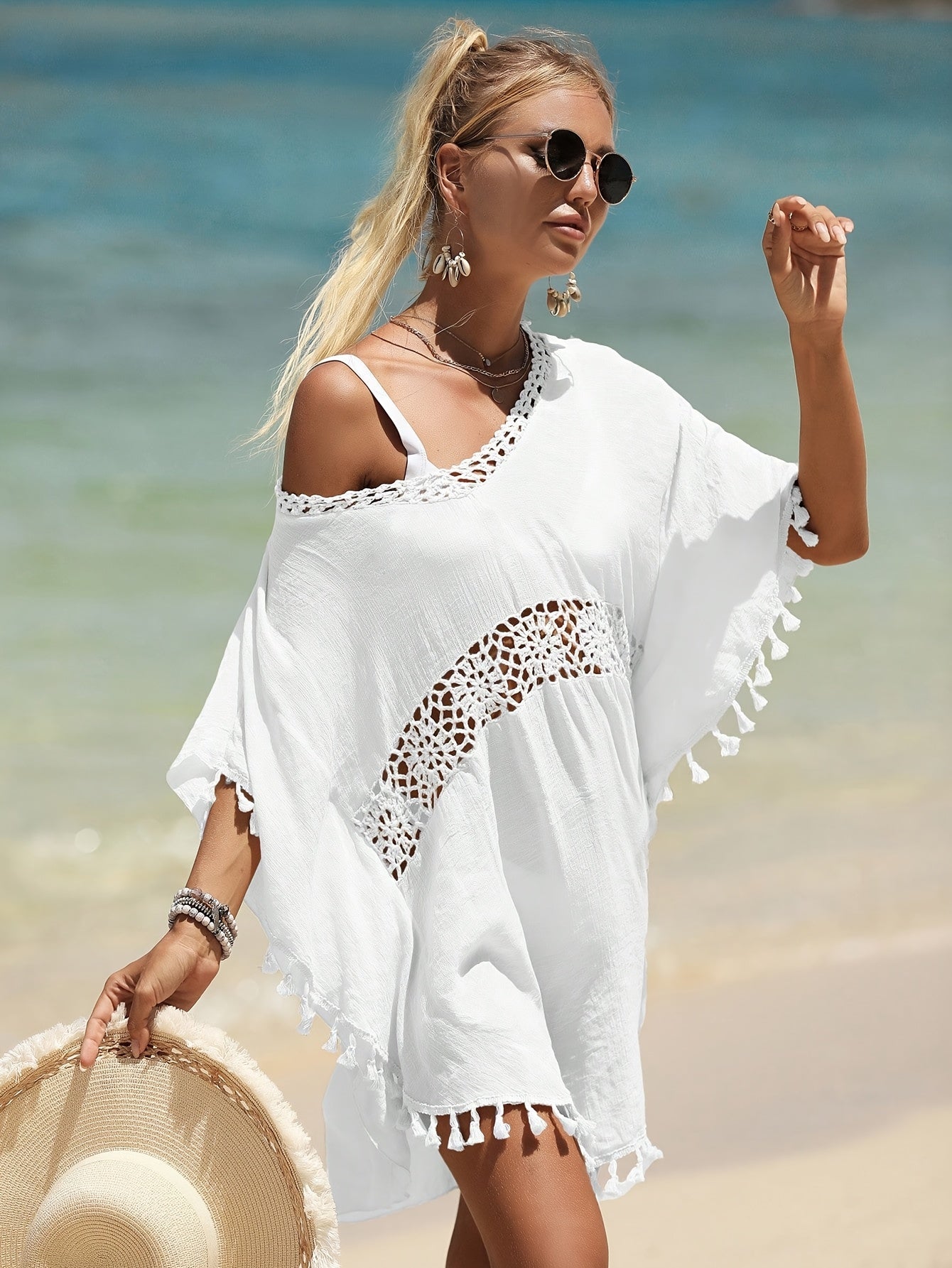 Sukienka plażowa z ażurem i frędzlami tunika letnia oversize | Lauren