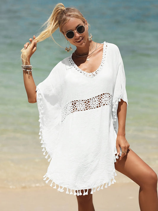 Sukienka plażowa z ażurem i frędzlami tunika letnia oversize | Lauren