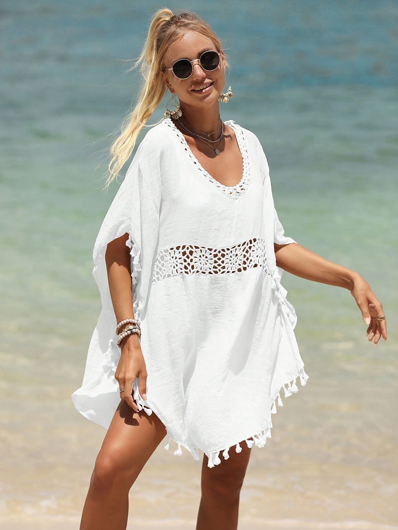 Sukienka plażowa z ażurem i frędzlami tunika letnia oversize | Lauren